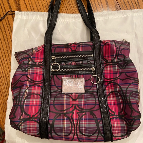 Coach Poppy tote bag, 16” by 12”, pink, purple, and black plaid. - Picture 1 of 6